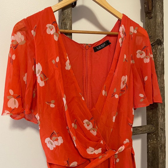 Lauren Ralph Lauren Orange Chiffon Floral Print Wrap Dress - Picture 5 of 10